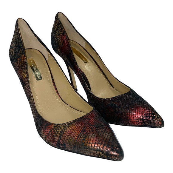 BCBGeneration Treasure Red Gold Leather Snake Print Heel Pointy Toe Pump sz 7.5 - Picture 3 of 13